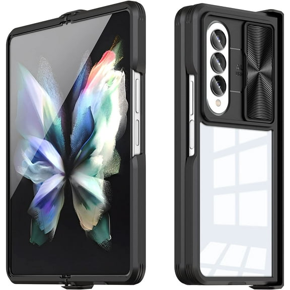 Compatible with Samsung Z Fold 4 Case with Camera Lens Protector Slide Black,Phone for Samsung Galaxy Z Fold 4 Case Silicone Transparent Shockproof Luxury Protective Cover (Black)