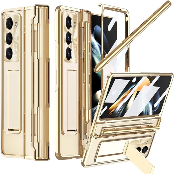 Compatible Samsung Z Fold 5 Case with S Pen & S Pen Holder & Kickstand,4 in 1 Hinge Clear Protective Screen Protector Phone Case for Galaxy Z Fold 5 Case,Galaxy Z Fold 5 5g Case Pen Slot Gold