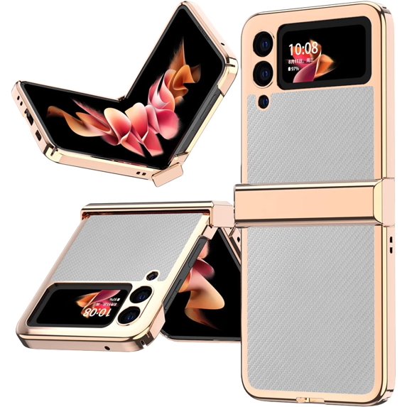 Compatible Shockproof Case Galaxy Z Flip 3 5g Case, Luxury Leather Plating PC Cover Anti-Fingerprint Galaxy Z Flip 3 Case with Hinge Cover for Z Flip 3 5g Case White