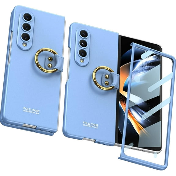 Compatible Slim Samsung Galaxy Z Fold4 Case with Ring,360° Protective Samsung Fold 4 Case with Camera Screen Protector,Blue Heavy Duty Stand Phone Case for Samsung Galaxy Z Fold 4 5G Case Women