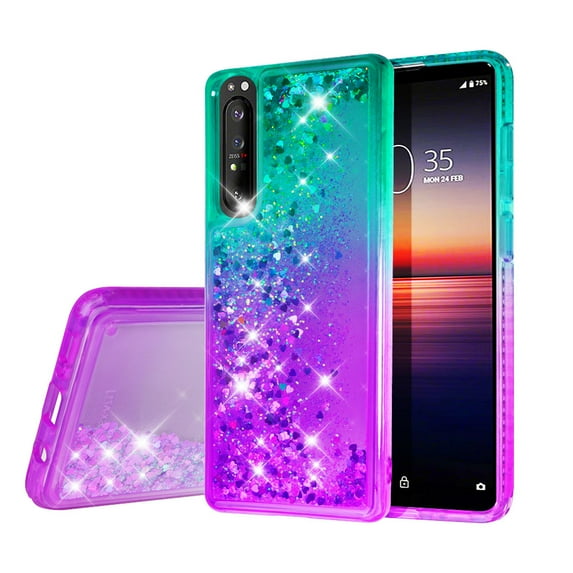 Compatible for Sony Xperia 1 II Case with Tempered Glass Screen Protector SOGA Diamond Liquid Quicksand Cover Cute Girl Women Phone Case - Teal / Purple