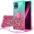 thumbnail image 1 of Compatible for T-Mobile REVVL 6 5G Case Ring Kickstand Liquid Quicksand Glitter Case Clear Bling Diamond Shock Protective Cover for Girls Women - Teal/Pink, 1 of 5