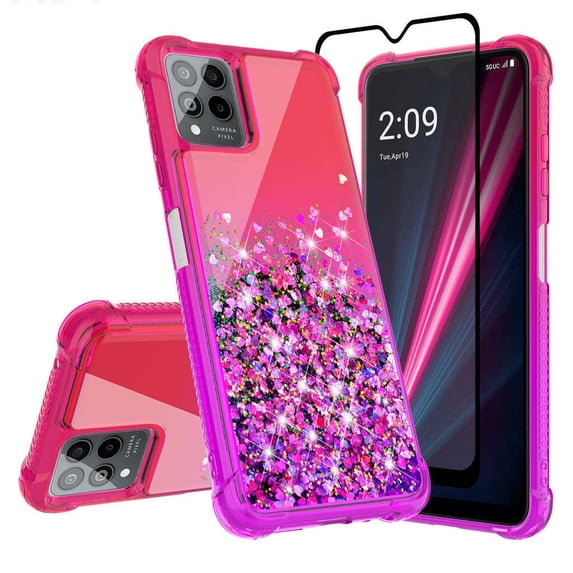 Compatible for T-Mobile REVVL 6 Pro 5G Case Liquid Quicksand Glitter Cute Case Clear Bling Diamond Shock Protective Phone Cover for Girls Women - Hot Pink/Purple