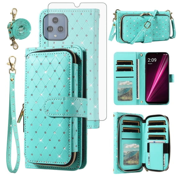 Compatible with T-Mobile Revvl 6/6X 5G Wallet Phone Case Tempered Glass Screen Protector Bling Crossbody Lanyard Strap Flip Zipper Purse Card Holder Cell Cover for Tmobile Revvl6 X Revv6X Women Green