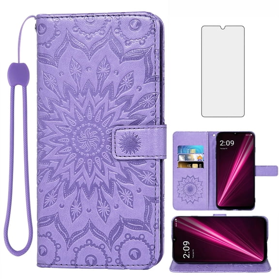 Compatible with T-Mobile Revvl 6/6X 5G Wallet Phone Case and Tempered Glass Screen Protector Flip Credit Card Holder Stand Mandala Flower Cell Cover for Revvl6 X 5G Revel Tmo Revell Rebel TCL Purple