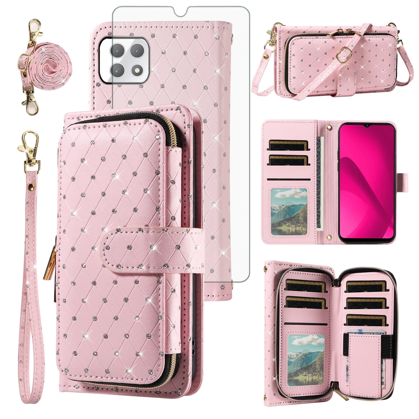 Compatible with T-Mobile Revvl 7 5G Wallet Phone Case Tempered Glass Screen Protector Bling Crossbody Lanyard Strap Flip Zipper Purse Card Holder Cell Cover for Tmobile Revvl7 T Mob Revell Women Pink