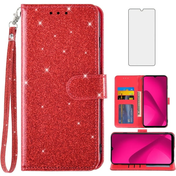 Compatible with T-Mobile Revvl 7 5G Wallet Phone Case and Tempered Glass Screen Protector Flip Credit Card Holder Stand Bling Glitter Cell Cover for Tmobile Revvl7 T Mobile Revel Revell Women Red