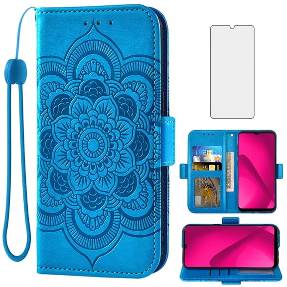 Compatible with T-Mobile Revvl 7 5G Wallet Phone Case and Tempered Glass Screen Protector Flip Credit Card Holder Stand Mandala Flower Cell Cover for Tmobile Revvl7 T Mobile Revel Tmo Women Blue