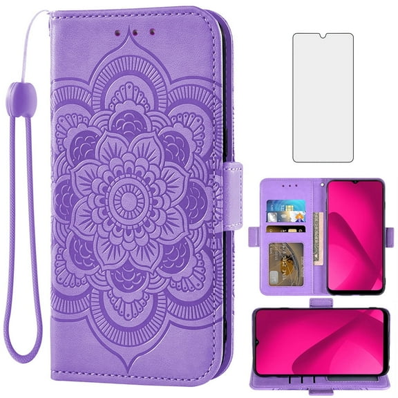 Compatible with T-Mobile Revvl 7 5G Wallet Phone Case and Tempered Glass Screen Protector Flip Credit Card Holder Stand Mandala Flower Cell Cover for Tmobile Revvl7 T Mobile Revel Tmo Women Purple