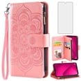 thumbnail image 1 of Compatible with T-Mobile Revvl 7 5G Wallet Phone Case and Tempered Glass Screen Protector Flower Faux Leather Flip Credit Card Holder Stand Zipper Cell Cover for T Mobile Revel7 Women Pink, 1 of 9