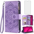 thumbnail image 1 of Compatible with T-Mobile Revvl 7 5G Wallet Phone Case and Tempered Glass Screen Protector Flower Faux Leather Flip Credit Card Holder Stand Zipper Cell Cover for T Mobile Revel7 Women Purple, 1 of 9