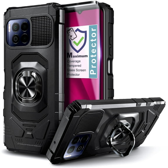 Compatible for T-Mobile Revvl 7 Pro 5G Phone Case with Tempered Glass Screen Protector, Nagebee Full-Body Protective [Military-Grade] Magnetic Car Mount Ring Holder Durable Cover (Black)