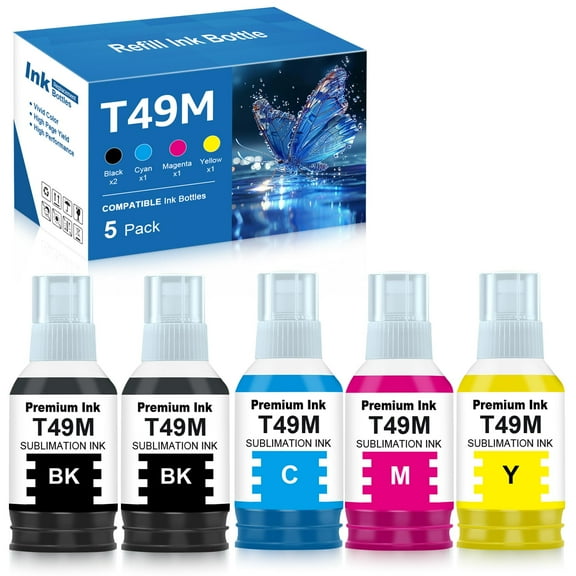 Compatible T49M Sublimation Ink Replacement for T49M1 T49M2 T49M3 T49M4 Autofill T49M Ink Bottles for SureColor F170 F570 Sublimation Printer, 5-Pack (2 Black 1 Cyan 1 Magenta 1 Yellow)