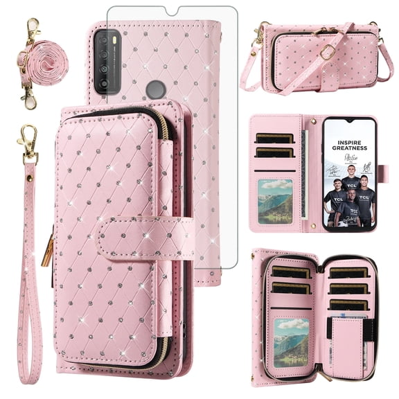 Compatible with TCL 30 XL T701DL Wallet Phone Case Tempered Glass Screen Protector Bling Glitter Crossbody Lanyard Strap Flip Zipper Purse Card Holder Cell Cover for 30XL 2022 5G T671G Women Men Pink
