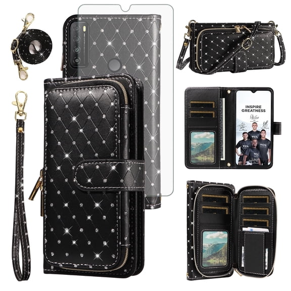 Compatible with TCL 30 XL T701DL Wallet Phone Case Tempered Glass Screen Protector Bling Glitter Crossbody Lanyard Strap Flip Zipper Purse Card Holder Cell Cover for 30XL 2022 4G 5G Women Men Black