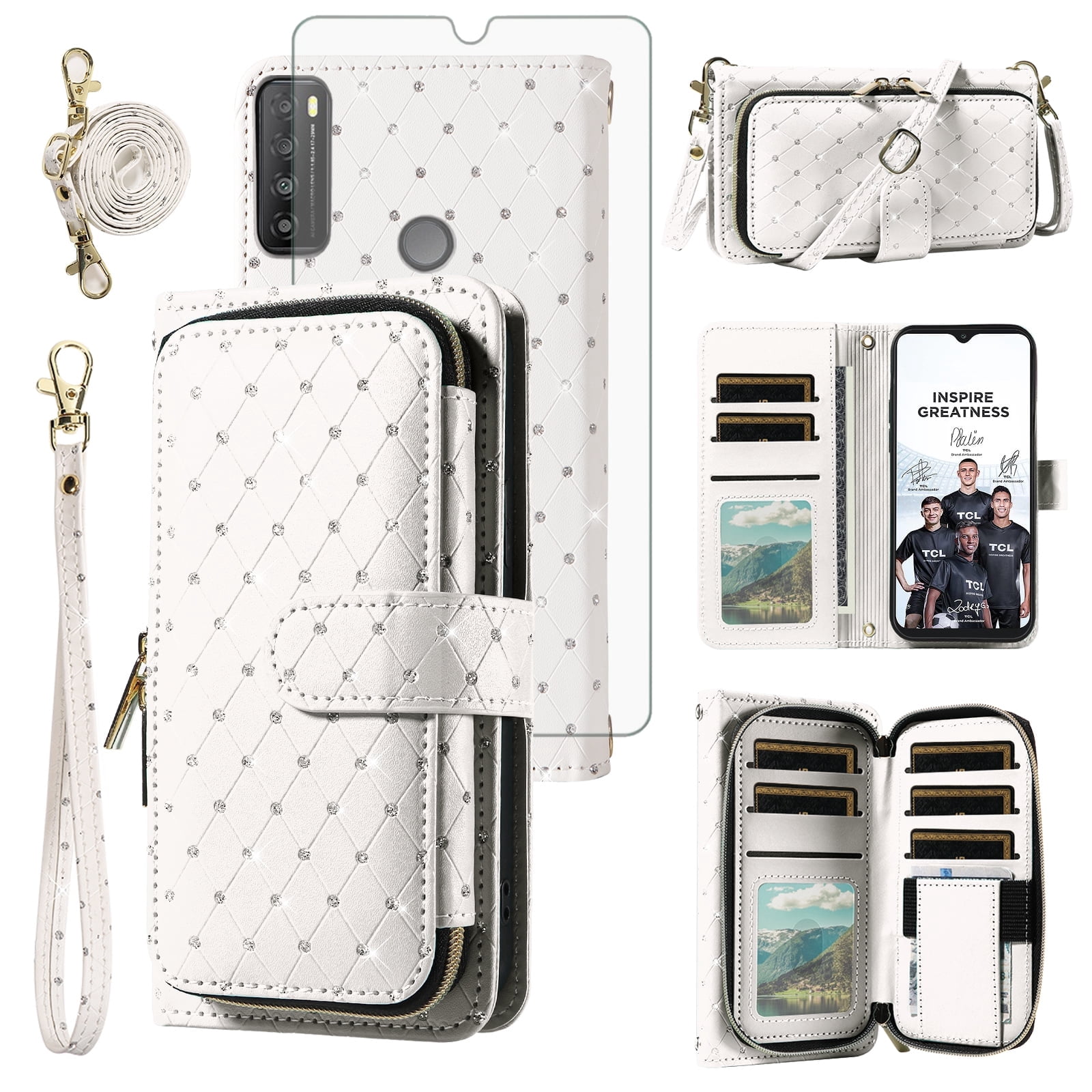 Compatible with TCL 30 XL T701DL Wallet Phone Case Tempered Glass Screen Protector Bling Glitter Crossbody Lanyard Strap Flip Zipper Purse Card Holder Cell Cover for 30XL 2022 4G 5G Women Men White