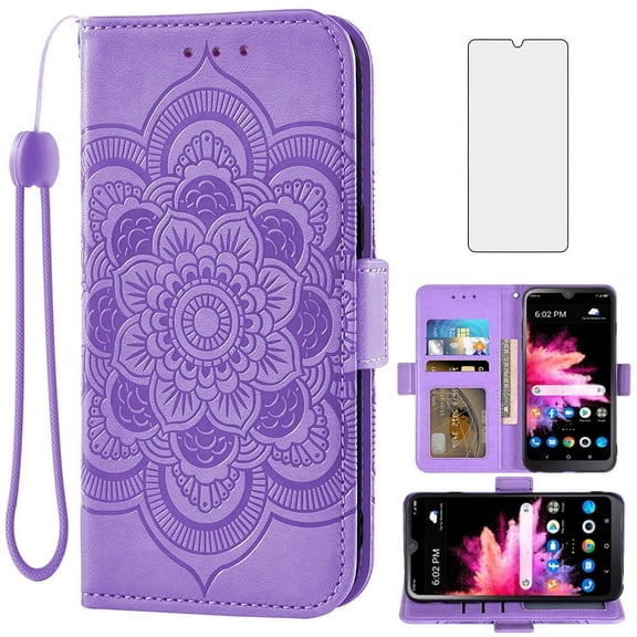 Compatible with TCL 30Z/30 LE T602DL Wallet Phone Case and Tempered Glass Screen Protector Flip Credit Card Holder Stand Mandala Flower Cell Cover for TCL30Z 30 Z 30LE 4G LTE 2022 6.1 inch Purple