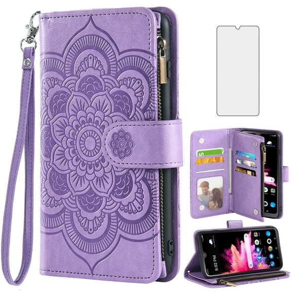 Compatible with TCL 30Z/30 LE T602DL Wallet Phone Case and Tempered Glass Screen Protector Flower Faux Leather Flip Credit Card Holder Stand Zipper Cell Cover for TCL30Z 30LE 2022 6.1 Women Purple