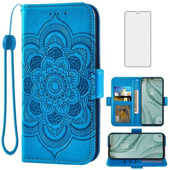 Compatible with TCL 40 XE 5G/40 X Wallet Phone Case and Tempered Glass Screen Protector Flip Credit Card Holder Stand Mandala Flower Cell Cover for 40XE5G 40XE EX T609DL 40X T609M Women Men Blue