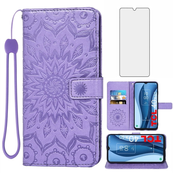 Compatible with TCL 40 XE 5G/40 X Wallet Phone Case and Tempered Glass Screen Protector Flip Credit Card Holder Stand Mandala Flower Cell Cover for 40XE5G 40XE EX T609DL 40X T609M Women Men Purple