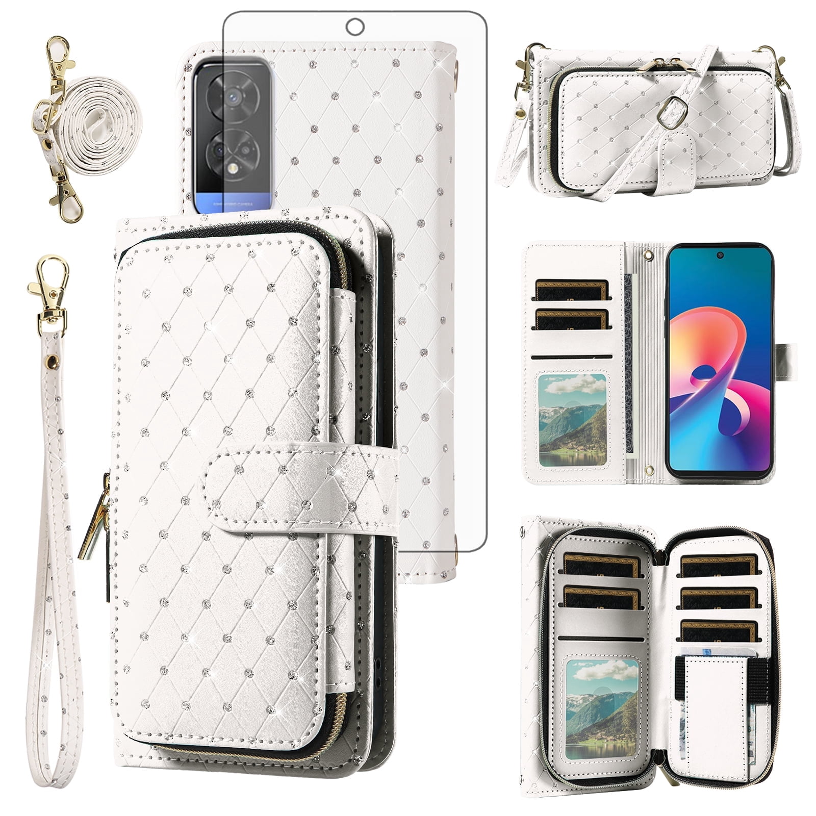 Compatible with TCL 50 5G/50 XE NXTPAPER/50 XE 5G Wallet Phone Case Tempered Glass Screen Protector Bling Glitter Crossbody Lanyard Strap Flip Zipper Purse Card Holder Cell Cover for Women Men White