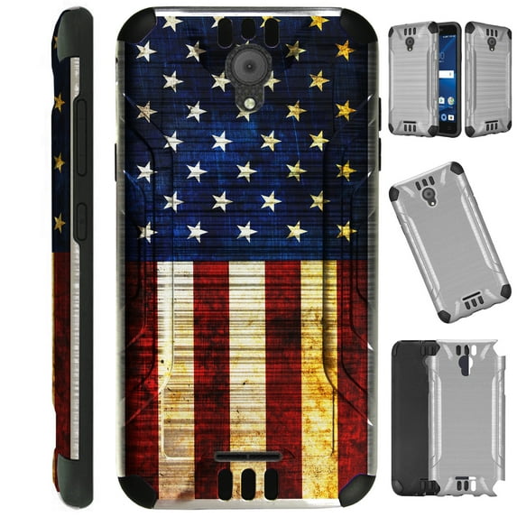 Compatible TCL A1 | Alcatel Insight Case Brushed Metal Texture Hybrid TPU Silver Guard Phone Cover (US Flag Half)