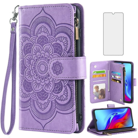 Compatible with TCL Bremen 5G 30XE/30V/4X/20AX/20A/20R Wallet Phone Case and Tempered Glass Screen Protector Flower Faux Leather Flip Credit Card Holder Stand Zipper Cell Cover for Women Purple