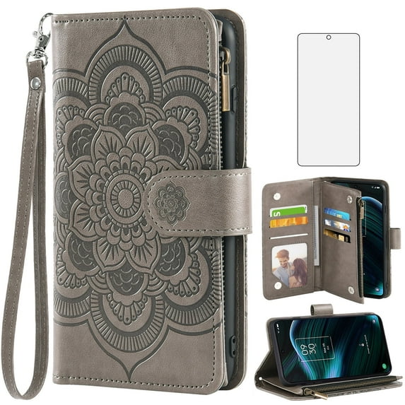 Compatible with TCL Stylus 5G 2022 Wallet Phone Case and Tempered Glass Screen Protector Flower Faux Leather Flip Credit Card Holder Stand Zipper Cell Cover for TLC Stylo G5 6.81 T779W Women Grey