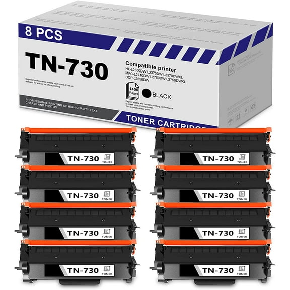 Compatible TN-730 TN730 730 Toner Cartridges Black (8 Pack)| Replacement for Brother DCP-L2550DW, HL-L2350DW, MFC-L2710DW Printer Cartridge