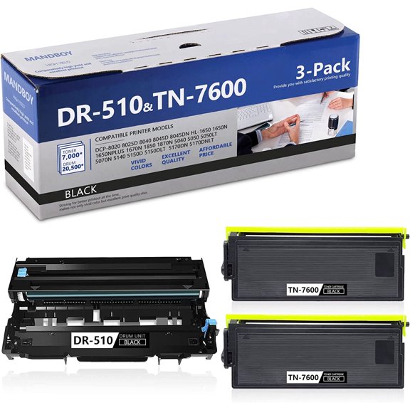 Compatible TN-7600 TN7600 Toner Cartridges and DR-510 DR510 Drum Unit Black ( 2 Toners + 1 Drum ) | Replacement for Brother DCP-8020 8045DN HL-1650 1650N Cartridge