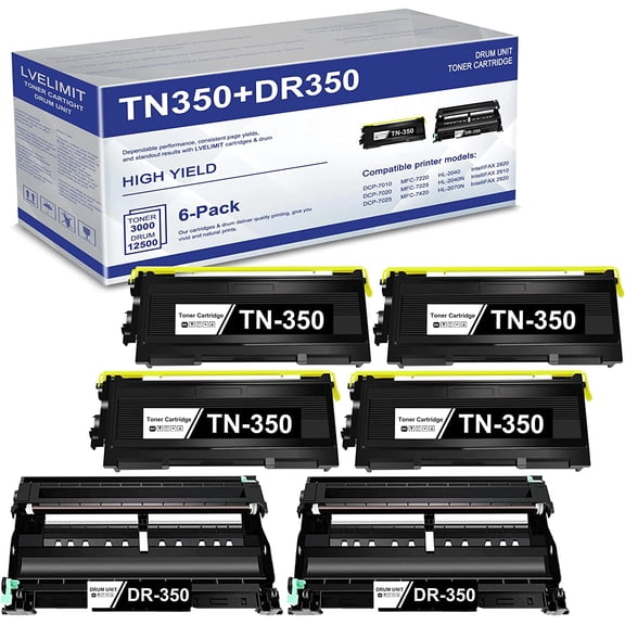 Compatible TN350 TN-350 Toner Cartridge & DR350 DR-350 Drum Unit Replacement for DCP-7010 DCP-7020 IntelliFax2920 IntelliFax2850 MFC-7220 MFC-7820 Printer Black (4 Toner+2 Drum, 6 Pack)
