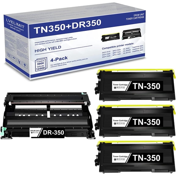 Compatible TN350 TN-350 Toner Cartridge & DR350 DR-350 Drum Unit Replacement for DCP-7010 DCP-7020 IntelliFax2920 IntelliFax2850 MFC-7220 MFC-7820 Printer Black (3 Toner+1 Drum, 4 Pack)