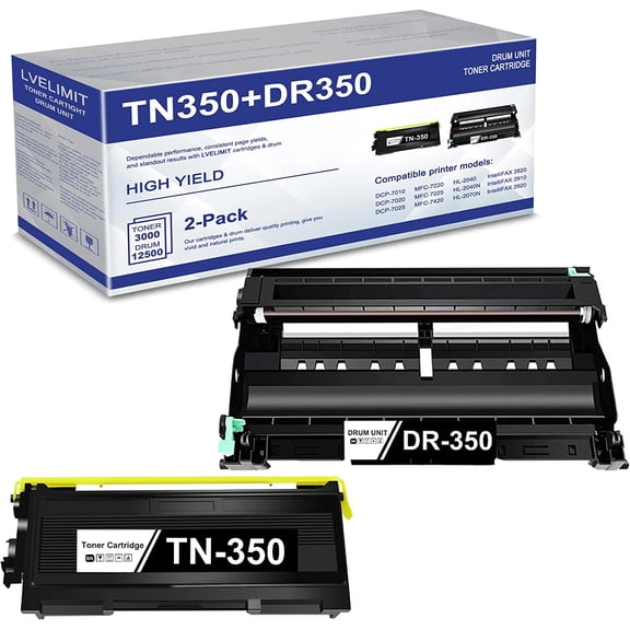 Compatible TN350 TN-350 Toner & DR350 DR-350 Drum Replacement for DCP-7010 DCP-7020 DCP-7025 IntelliFax2820 IntelliFax2850 MFC-7225 MFC-7820 Printer (2 Pack, 1 Toner+1 Drum)