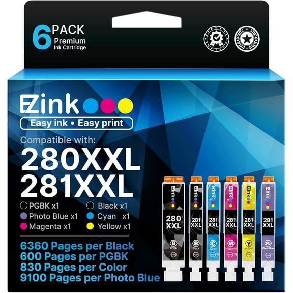 Compatible TS9120 Ink Cartridge Replacement for PGI-280XXL CLI-281XXL PGI 280XXL CLI 281XXL to use with PIXMA TS8320 TS8220 TS8120 (PGBK, Black, Photo Blue, Cyan, Magenta, Yellow) 6 Pack