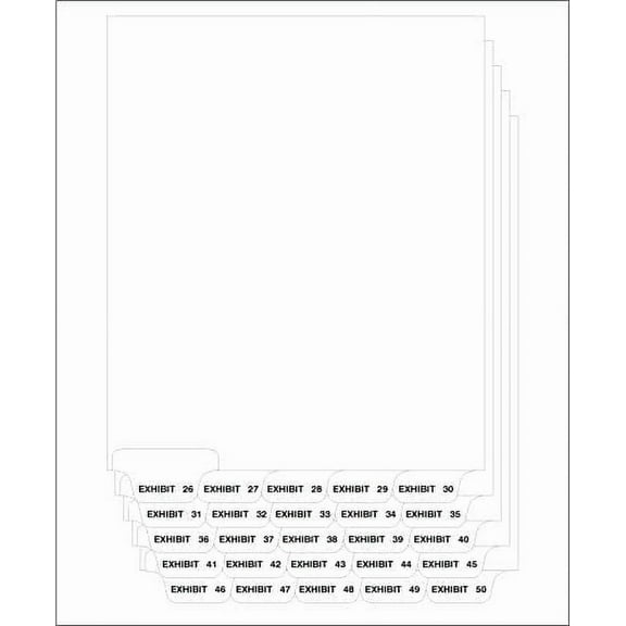 RUSH 8.5" x 11.5" Tab Divider, Bottom Exhibit 26-50, White, 25 Count, 2 Pack