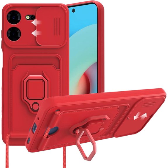 Compatible with Tecno Pova 5 Pro Case Silicone with Camera Lens Protection Black,Tecno Pova 5 Pro Phone Case with Standing and Card Holder Function Shockproof Protective Cover (Red)