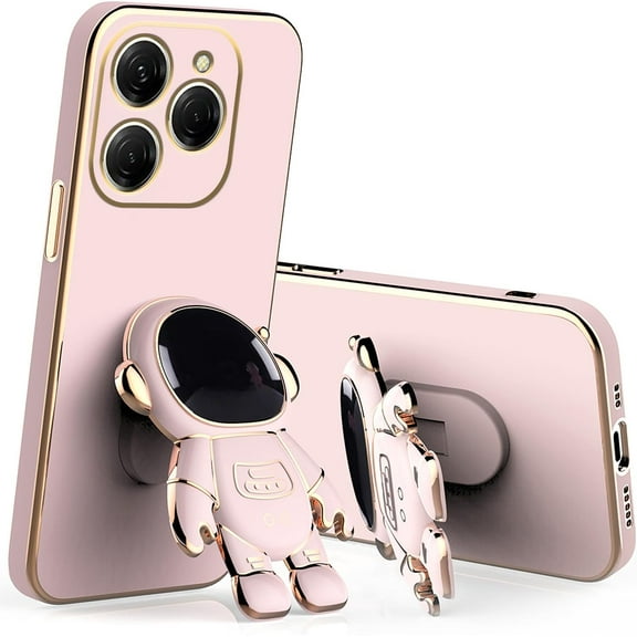 Compatible with Tecno Spark 20 Pro Case with Plating Creative Astronaut Cartoon Holder Pink, for Tecno Spark 20 Pro Phone Case Silicone Shockproof Stand Soft TPU Protective Slim Cover (Pink)