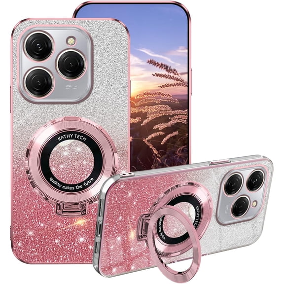 Compatible with Tecno Spark 20 Pro Case Silicone with Ring Holder, for Tecno Spark 20 Pro Phone Case Glitter Transparent Double Layer Detachable Soft TPU Shockproof Protective Slim Cover (Pink)