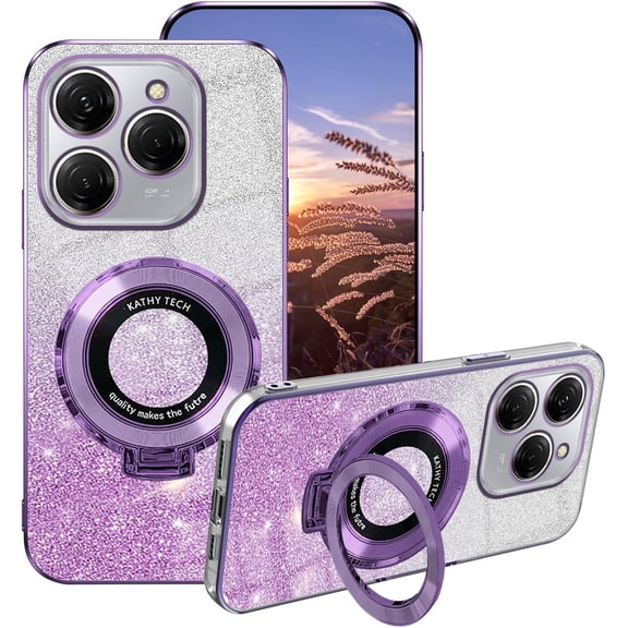 Compatible with Tecno Spark 20 Pro Case Silicone with Ring Holder, for Tecno Spark 20 Pro Phone Case Glitter Transparent Double Layer Detachable Soft TPU Shockproof Protective Slim Cover (Purple)