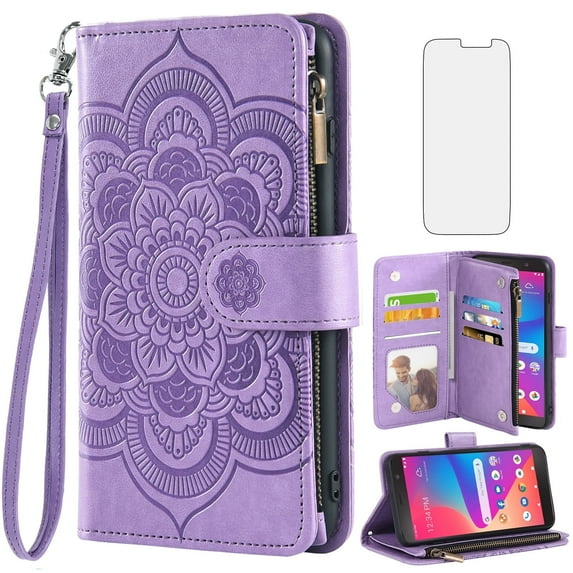 Compatible with Tracfone BLU View 2 B130DL Wallet Phone Case and Tempered Glass Screen Protector Flower Faux Leather Flip Credit Card Holder Stand Zipper Cell Cover for BLUE View2 Two Women Purple