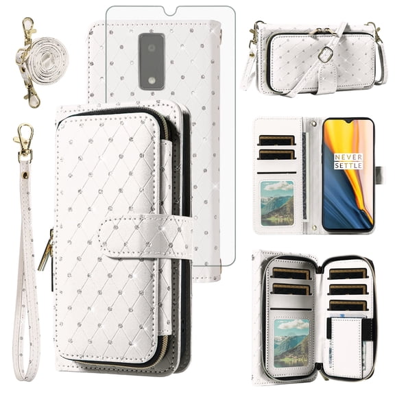 Compatible with Tracfone BLU View 4 B135DL Wallet Phone Case Tempered Glass Screen Protector Bling Crossbody Lanyard Strap Flip Zipper Purse Card Holder Cell Cover for BLUE View 2 2023 Women White