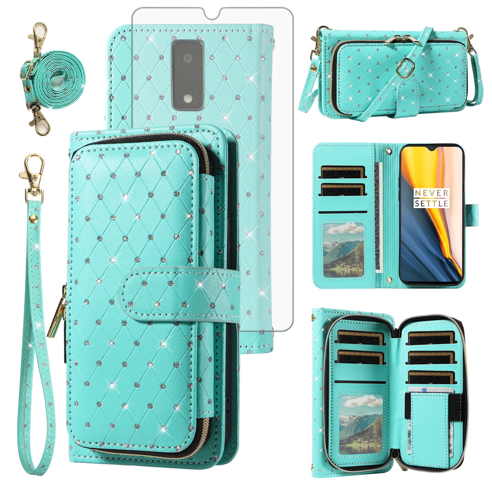 Compatible with Tracfone BLU View 4 B135DL Wallet Phone Case Tempered Glass Screen Protector Bling Crossbody Lanyard Strap Flip Zipper Purse Card Holder Cell Cover for BLUE View 2 2023 Women Green