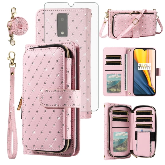 Compatible with Tracfone BLU View 4 B135DL Wallet Phone Case Tempered Glass Screen Protector Bling Crossbody Lanyard Strap Flip Zipper Purse Card Holder Cell Cover for BLUE View 2 2023 Women Pink