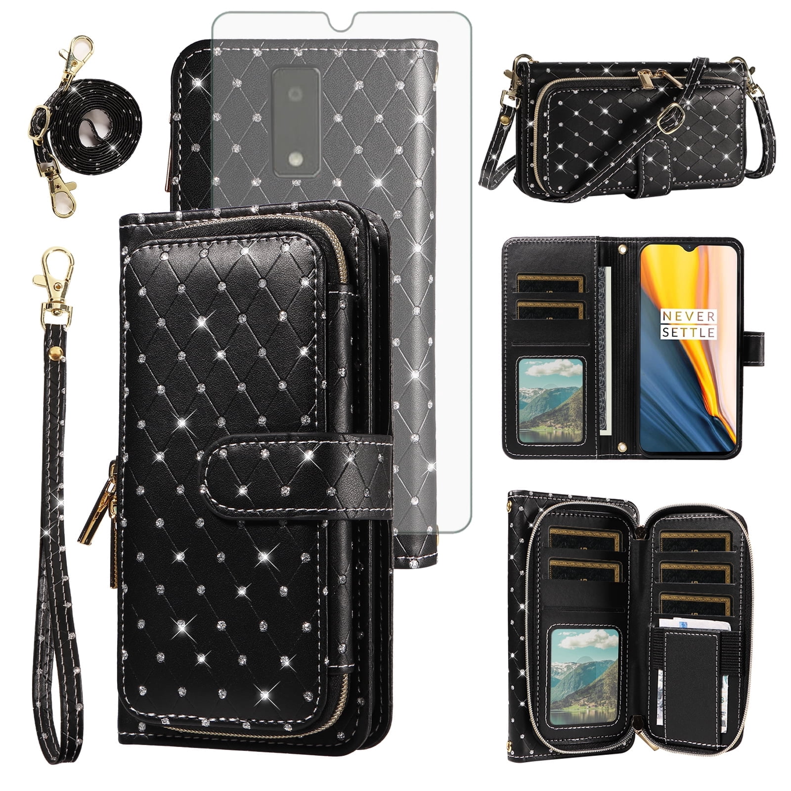 Compatible with Tracfone BLU View 4 B135DL Wallet Phone Case Tempered Glass Screen Protector Bling Crossbody Lanyard Strap Flip Zipper Purse Card Holder Cell Cover for BLUE View 2 2023 Women Black