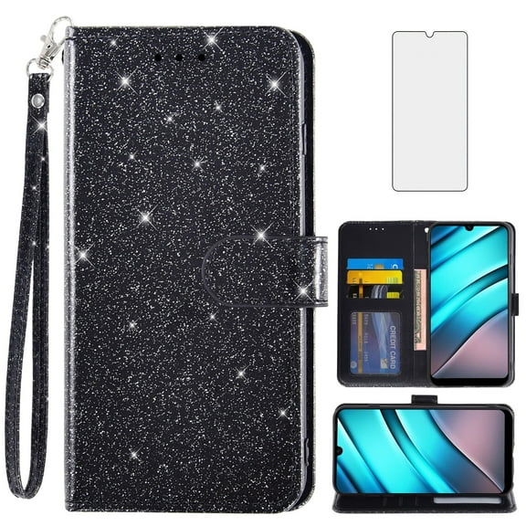 Compatible with Tracfone BLU View 4 B135DL Wallet Phone Case and Tempered Glass Screen Protector Flip Credit Card Holder Stand Bling Glitter Cell Cover for BLUE View 2 2023 View4 135DL Women Black
