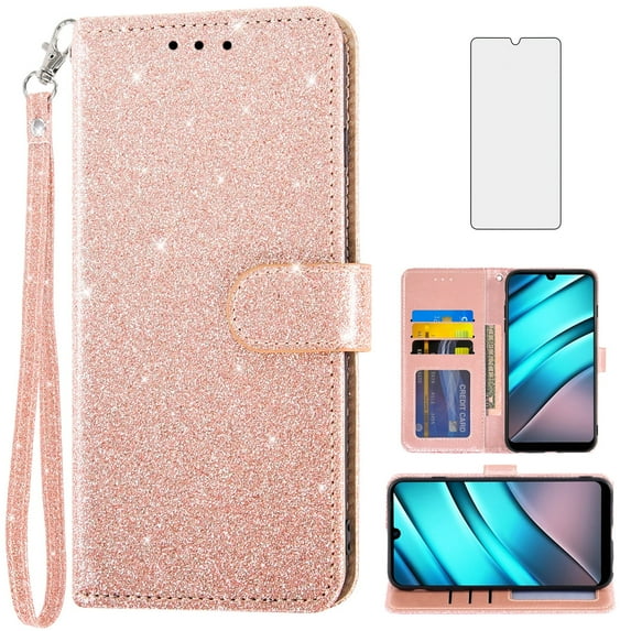 Compatible with Tracfone BLU View 4 B135DL Wallet Phone Case and Tempered Glass Screen Protector Flip Credit Card Holder Stand Bling Glitter Cell Cover for BLUE View 2 2023 View4 135DL Women Pink