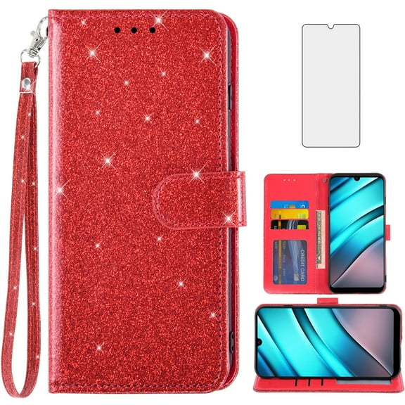 Compatible with Tracfone BLU View 4 B135DL Wallet Phone Case and Tempered Glass Screen Protector Flip Credit Card Holder Stand Bling Glitter Cell Cover for BLUE View 2 2023 View4 135DL Women Red
