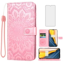 Compatible with Tracfone BLU View 4 B135DL Wallet Phone Case and Tempered Glass Screen Protector Flip Credit Card Holder Stand Mandala Flower Cell Cover for BLUE View 2 2023 View4 135DL Women Pink