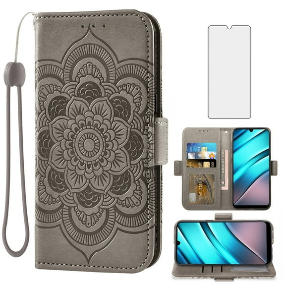 Compatible with Tracfone BLU View 4 B135DL Wallet Phone Case and Tempered Glass Screen Protector Flip Credit Card Holder Stand Mandala Flower Cell Cover for BLUE View 2 2023 View4 135DL Women Gray