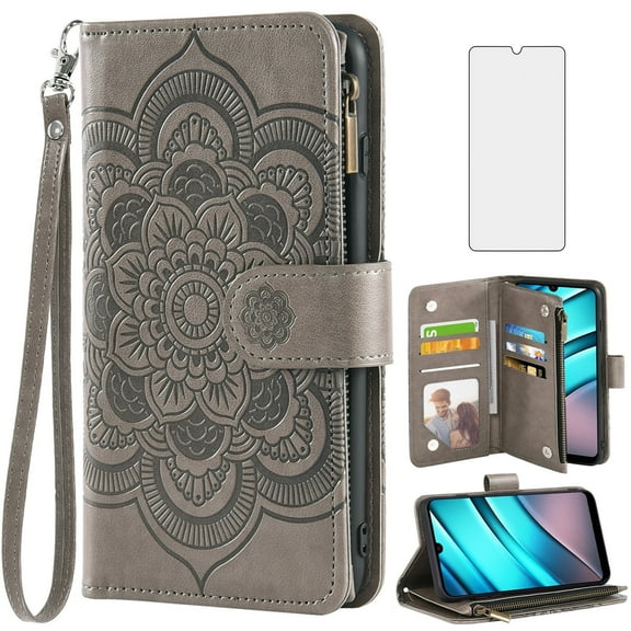 Compatible with Tracfone BLU View 4 B135DL Wallet Phone Case and Tempered Glass Screen Protector Flower Faux Leather Flip Credit Card Holder Stand Zipper Cell Cover for BLUE View 2 View4 Women Grey